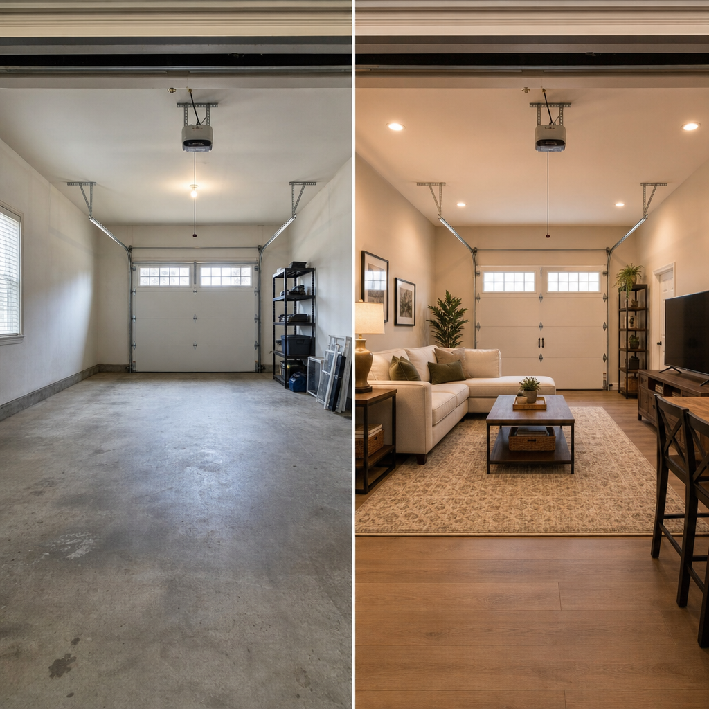 Before and after visual comparison of garage conversion potential