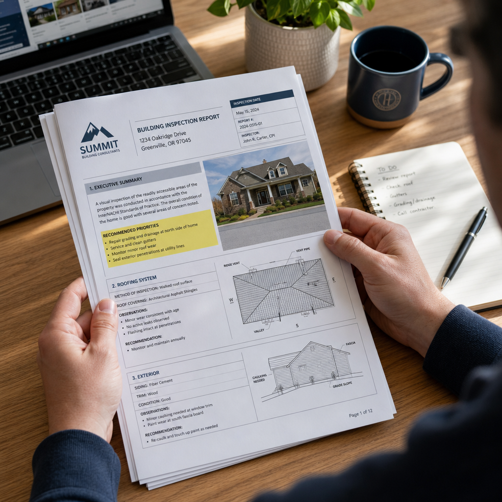 Homeowner reading building defect report at desk with notes and laptop