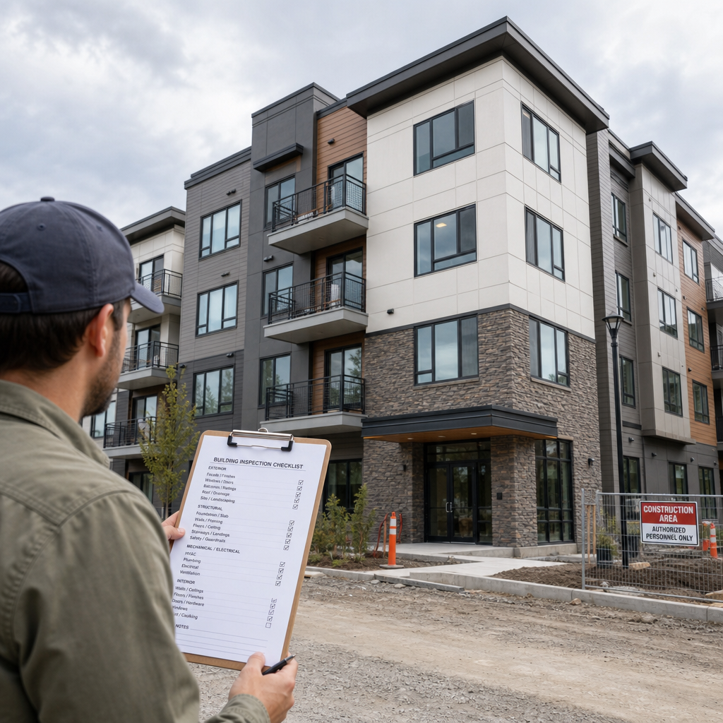 Building inspection checklist held up against new residential home exterior