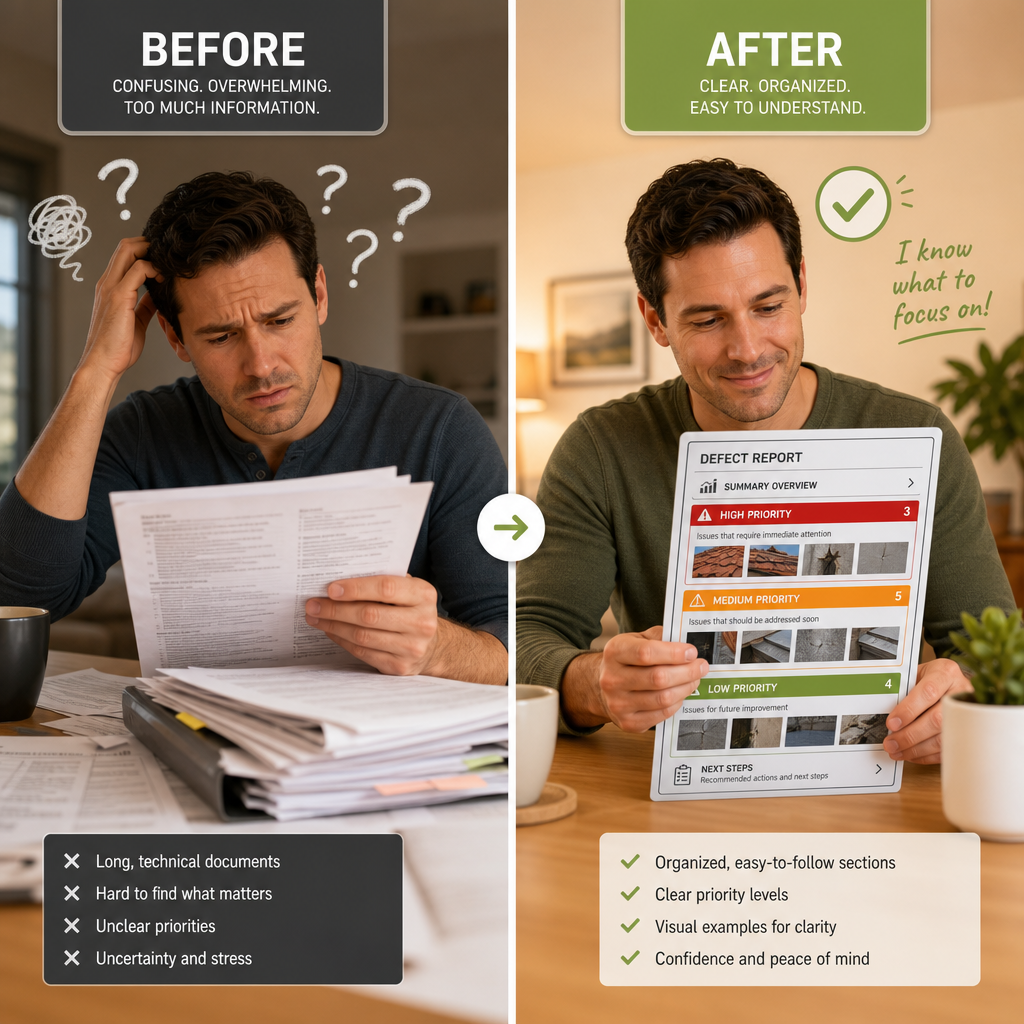 Before and after comparison of homeowner confusion versus confident defect report understanding