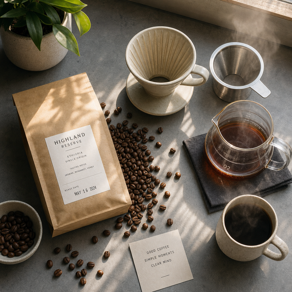 Specialty coffee brewing setup with roasted beans, pour-over equipment, and fresh brew on kitchen counter