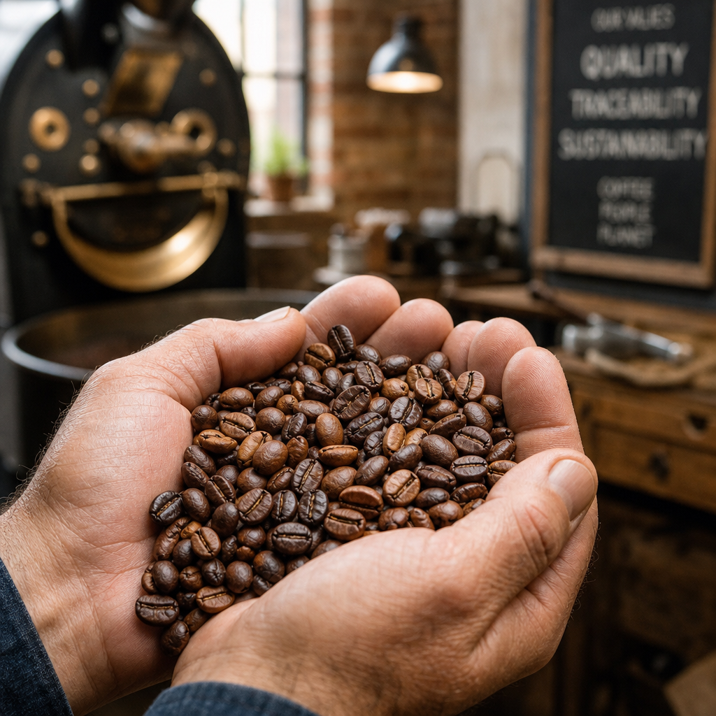 Hands holding freshly roasted specialty coffee beans with visible sheen and color depth