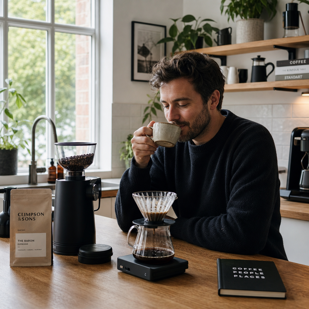 Person enjoying specialty coffee at home with brewing equipment visible in modern kitchen setting