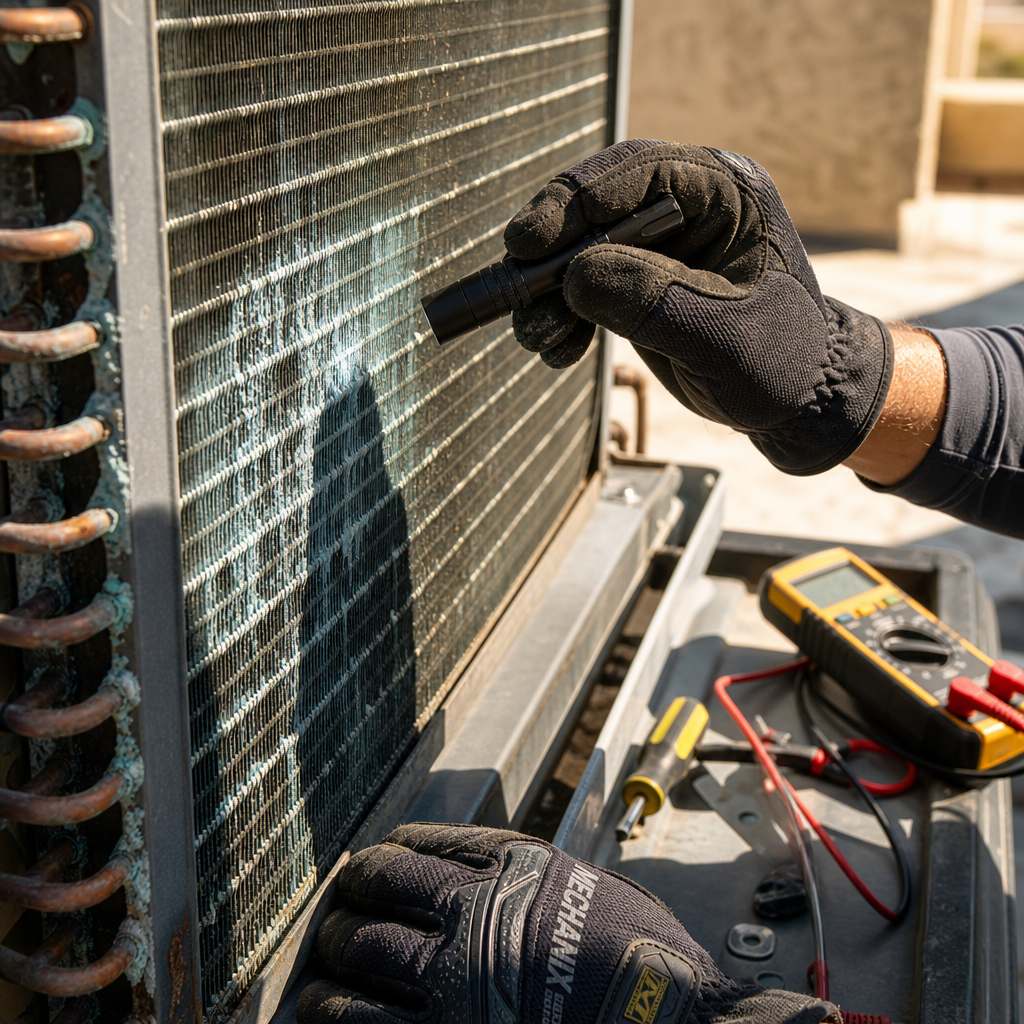 Technician examining corroded AC coil with mineral buildup