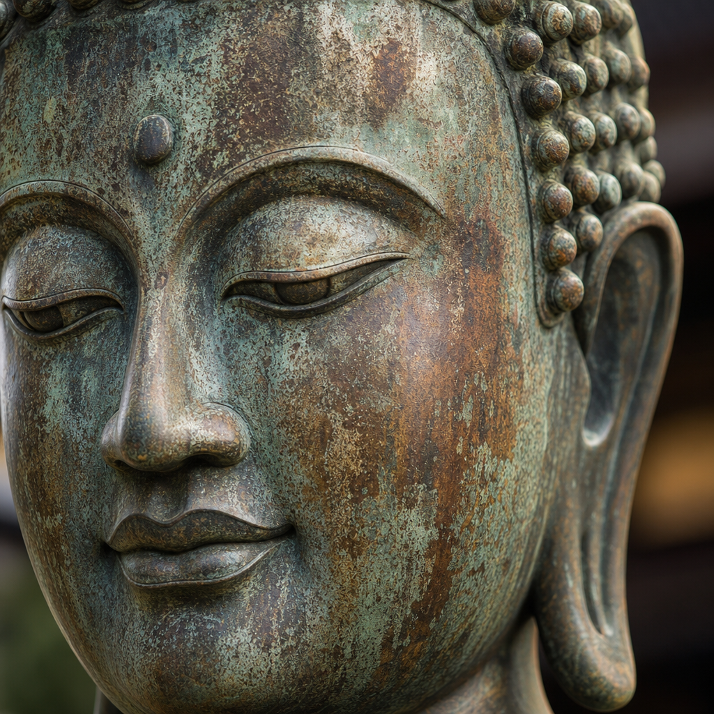 Detailed close-up of bronze Buddha statue with aged patina surface