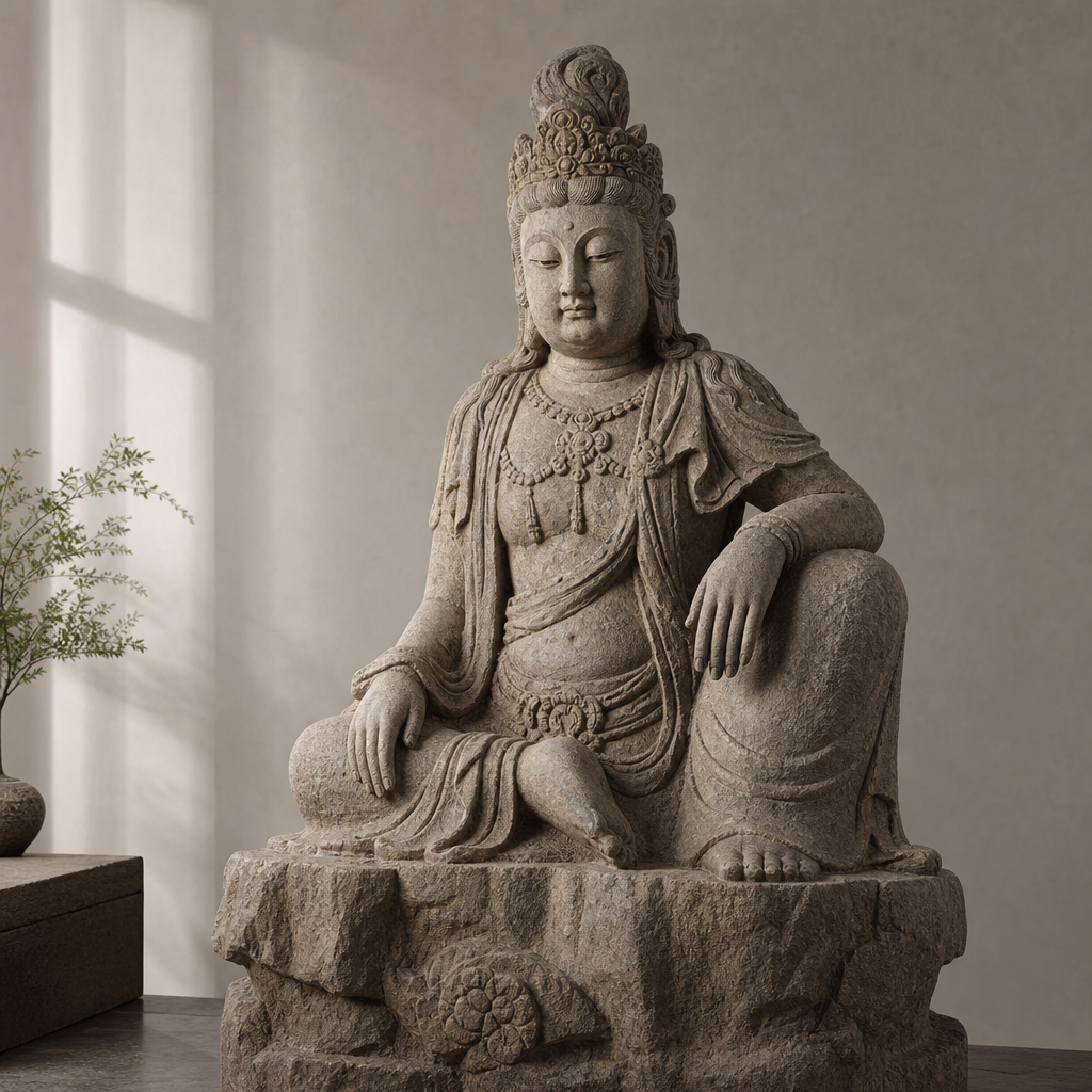 Stone Bodhisattva sculpture in modern interior with natural lighting