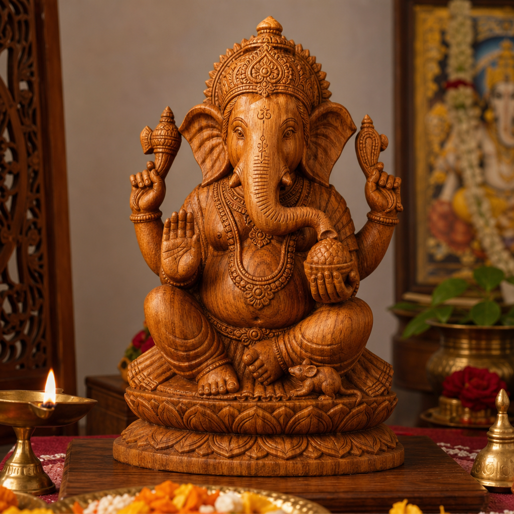 Wooden Ganesh statue in home altar setting with warm lighting