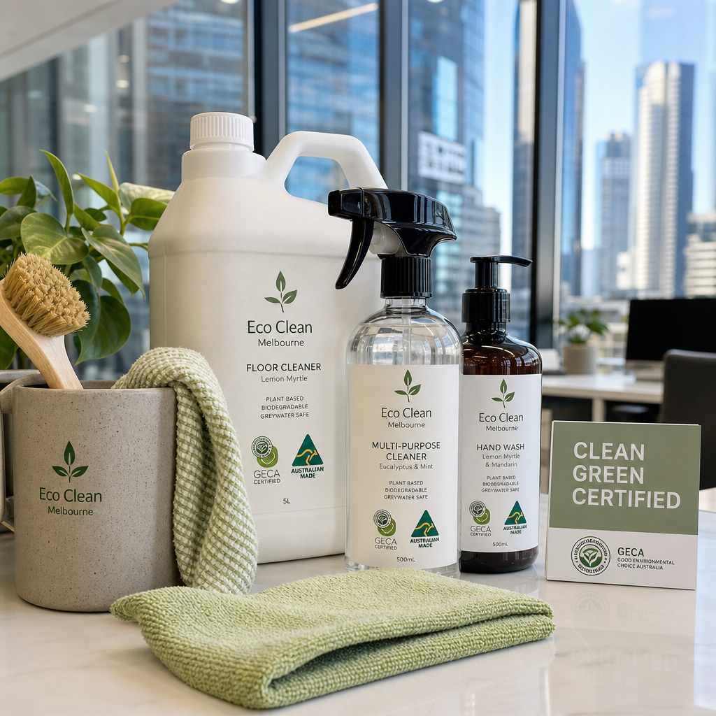 Eco-friendly commercial cleaning products displayed on a desk in a bright modern office