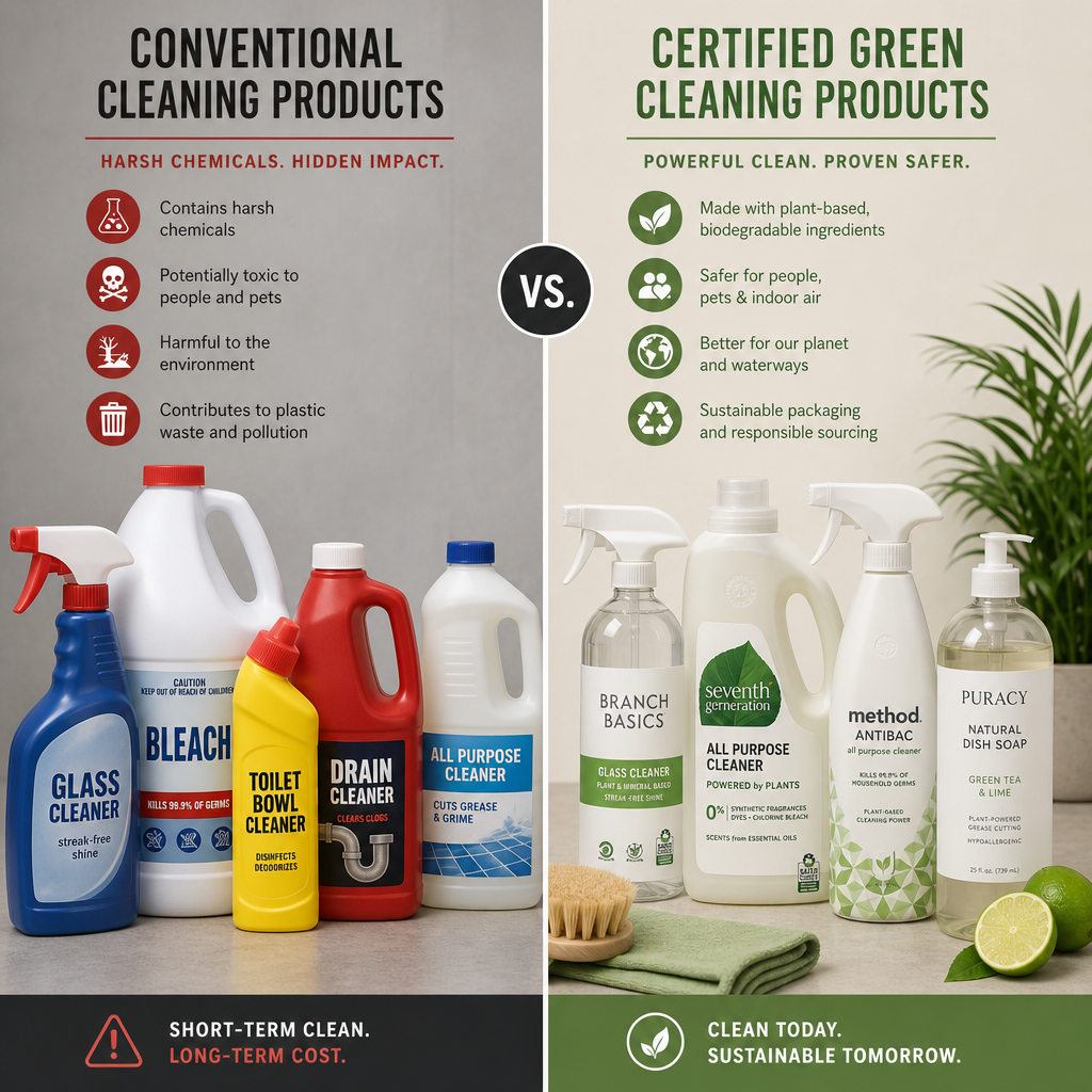 Side-by-side comparison of conventional and green commercial cleaning products