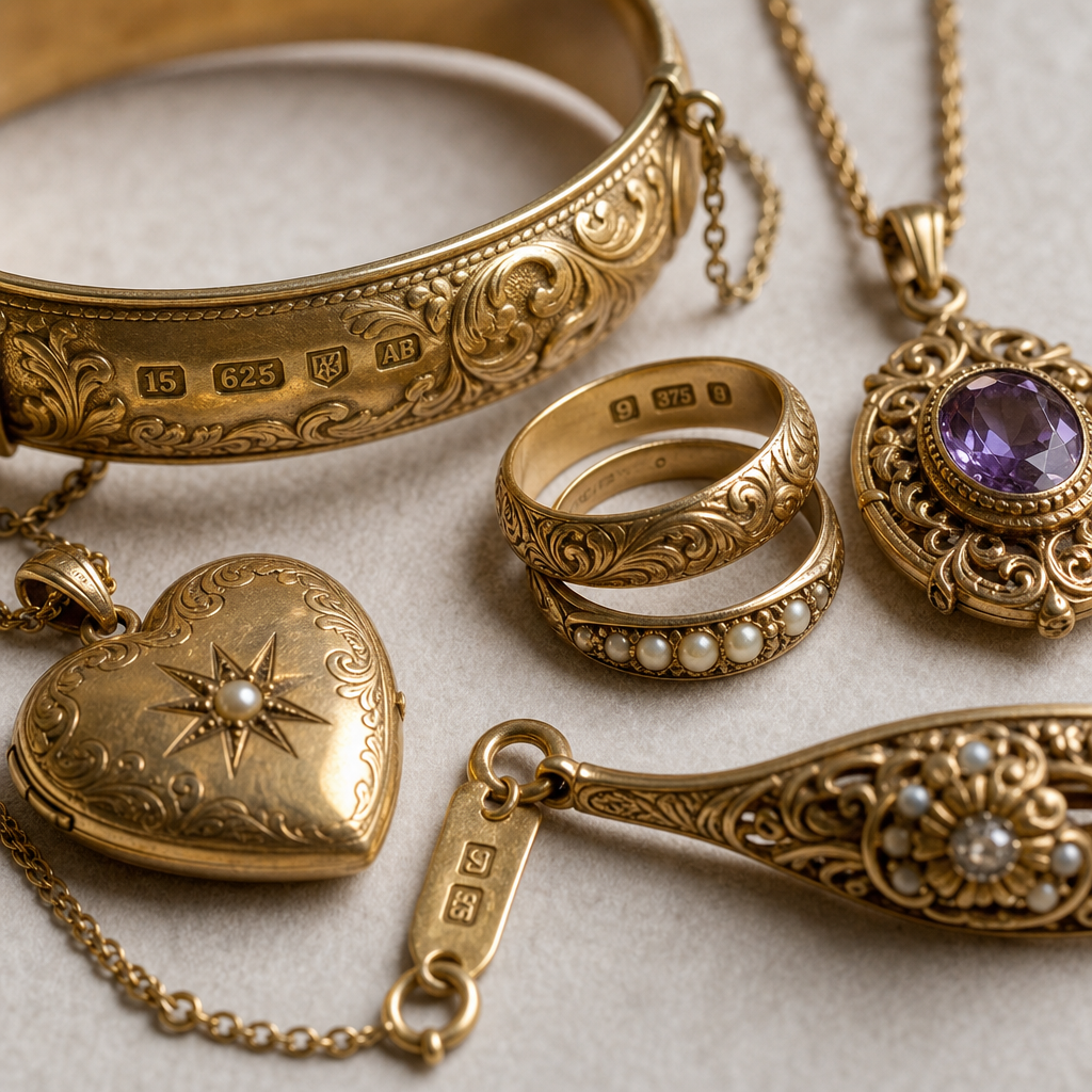Nahaufnahme von antikem Goldschmuck mit sichtbaren Feinheitsstempeln