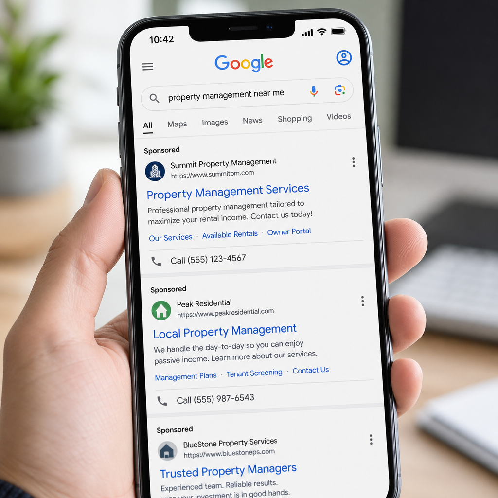 Google search results page displaying property management service ads on mobile device