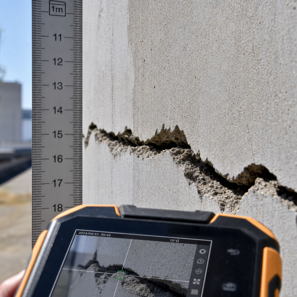 Gros plan d'une fissure structurelle dans un mur en béton avec outils d'inspection