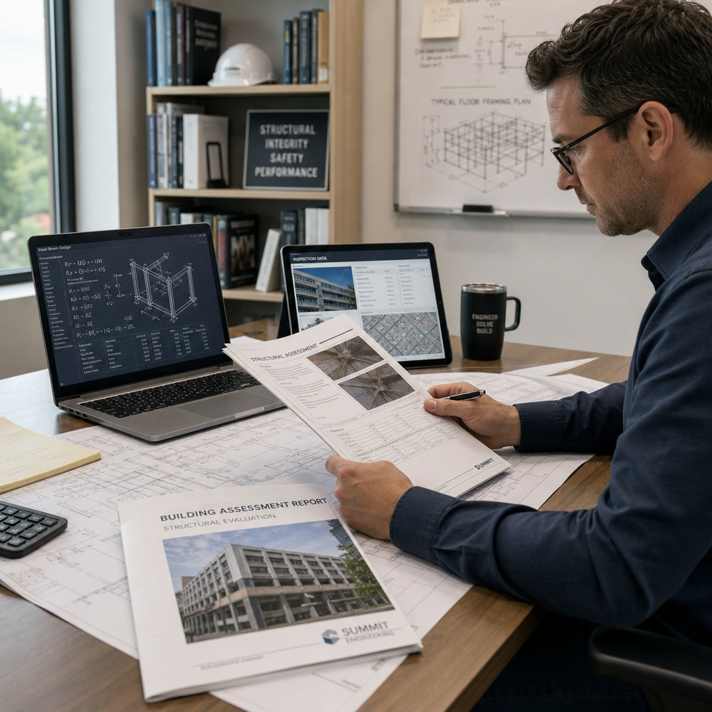 Rapport d'expertise structurelle et données d'analyse d'ingénierie sur un bureau professionnel