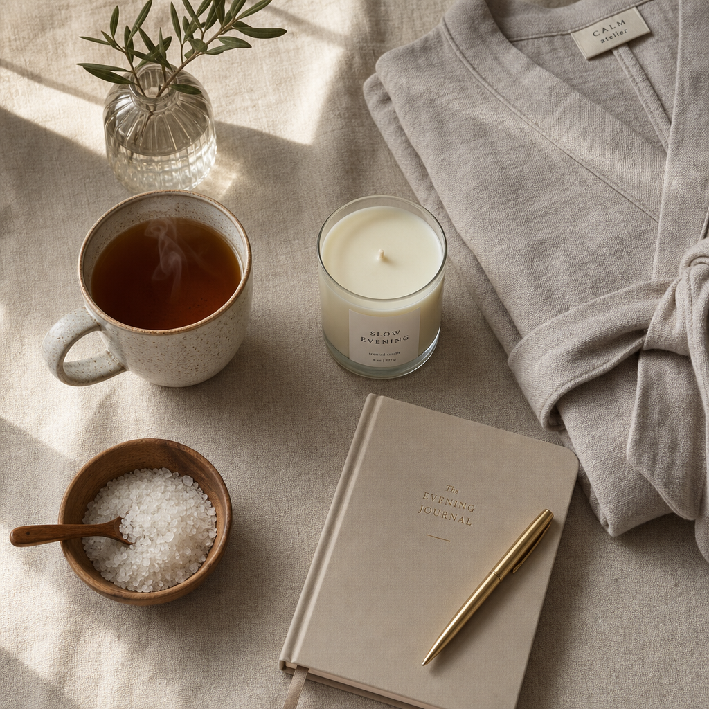 Flat lay arrangement of evening self-care essentials including tea, candle, robe, and bath salts on linen