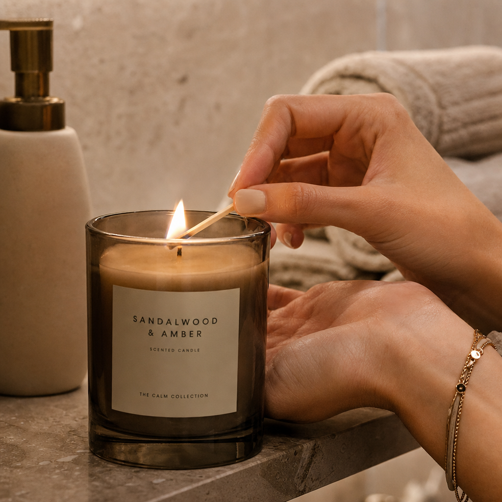 Hands lighting a scented candle on a bathroom shelf with folded towels in background