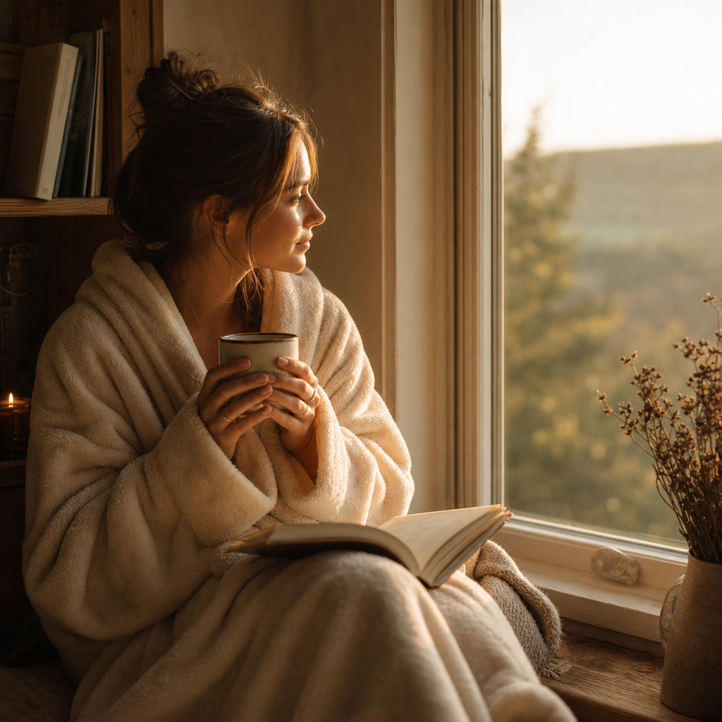 Person in cozy robe holding warm beverage by window during golden hour, embodying evening relaxation