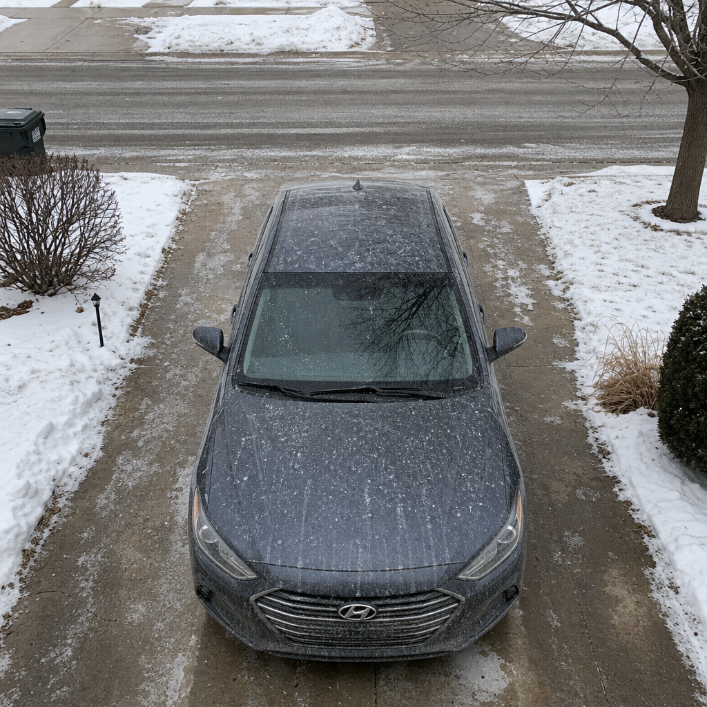 Car parked in winter suburban setting surrounded by road salt and snow debris