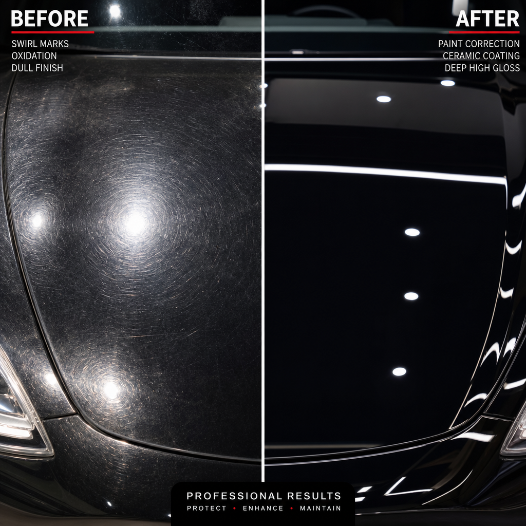 Before and after comparison of damaged paint versus ceramic coated paint finish