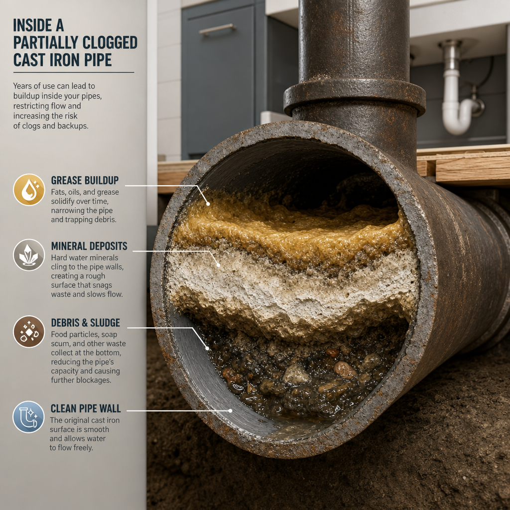 Cross-section of clogged pipe showing mineral and grease buildup inside cast iron plumbing