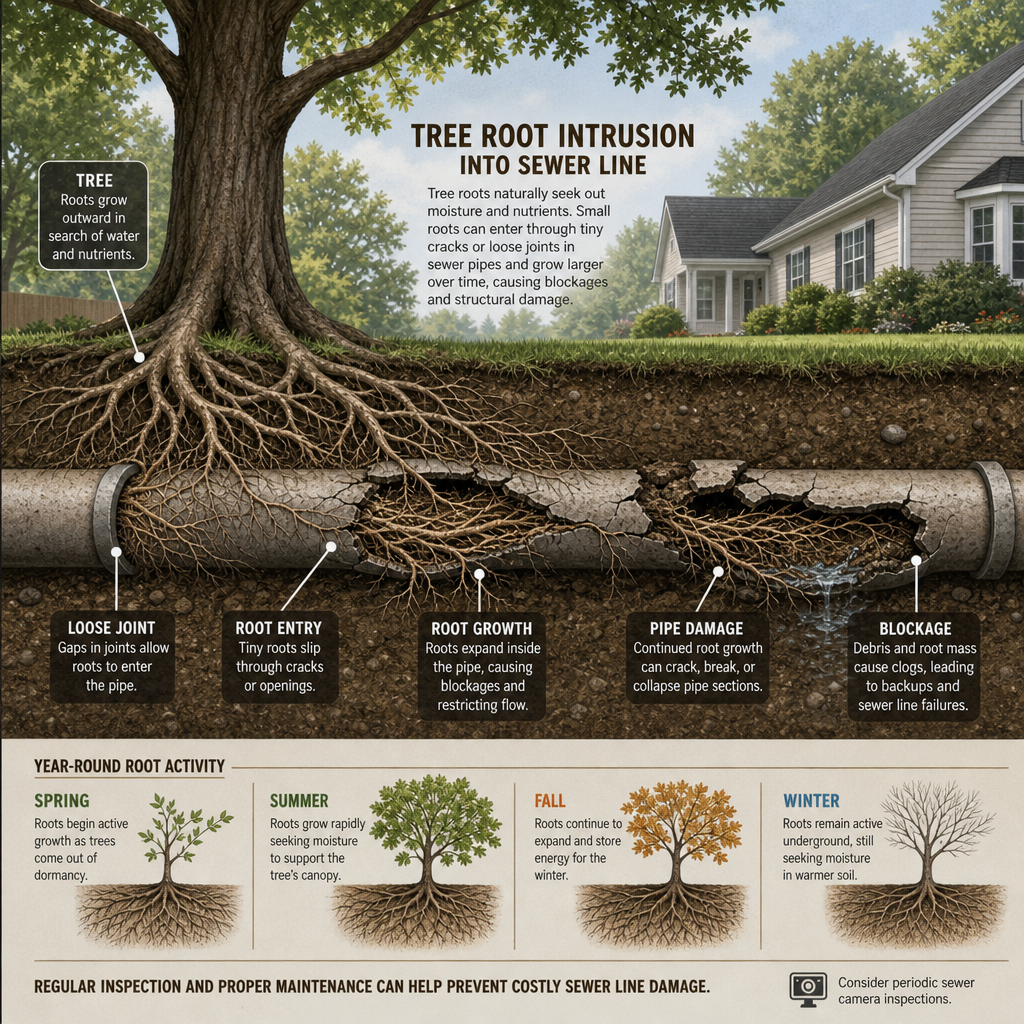 Underground sewer line damaged by tree root intrusion beneath yard soil