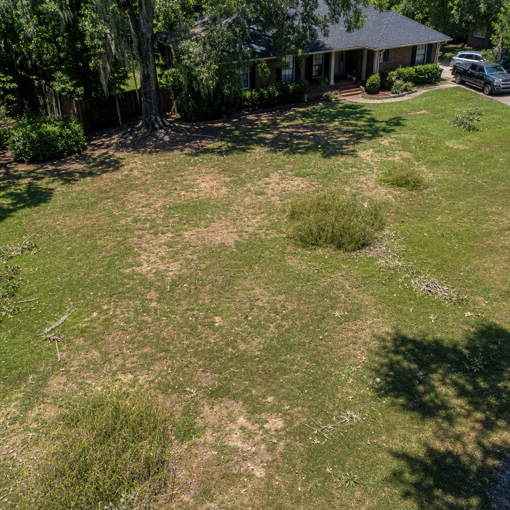 Overhead view of a summer-damaged residential lawn showing brown patches and debris in Pike Road