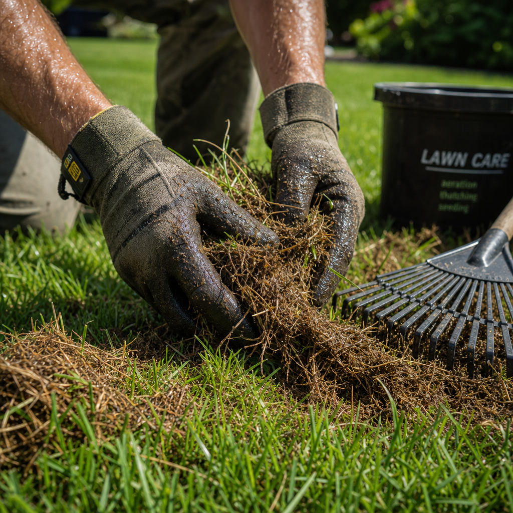 Close-up of professional hands removing thatch and debris from lawn during summer cleanup
