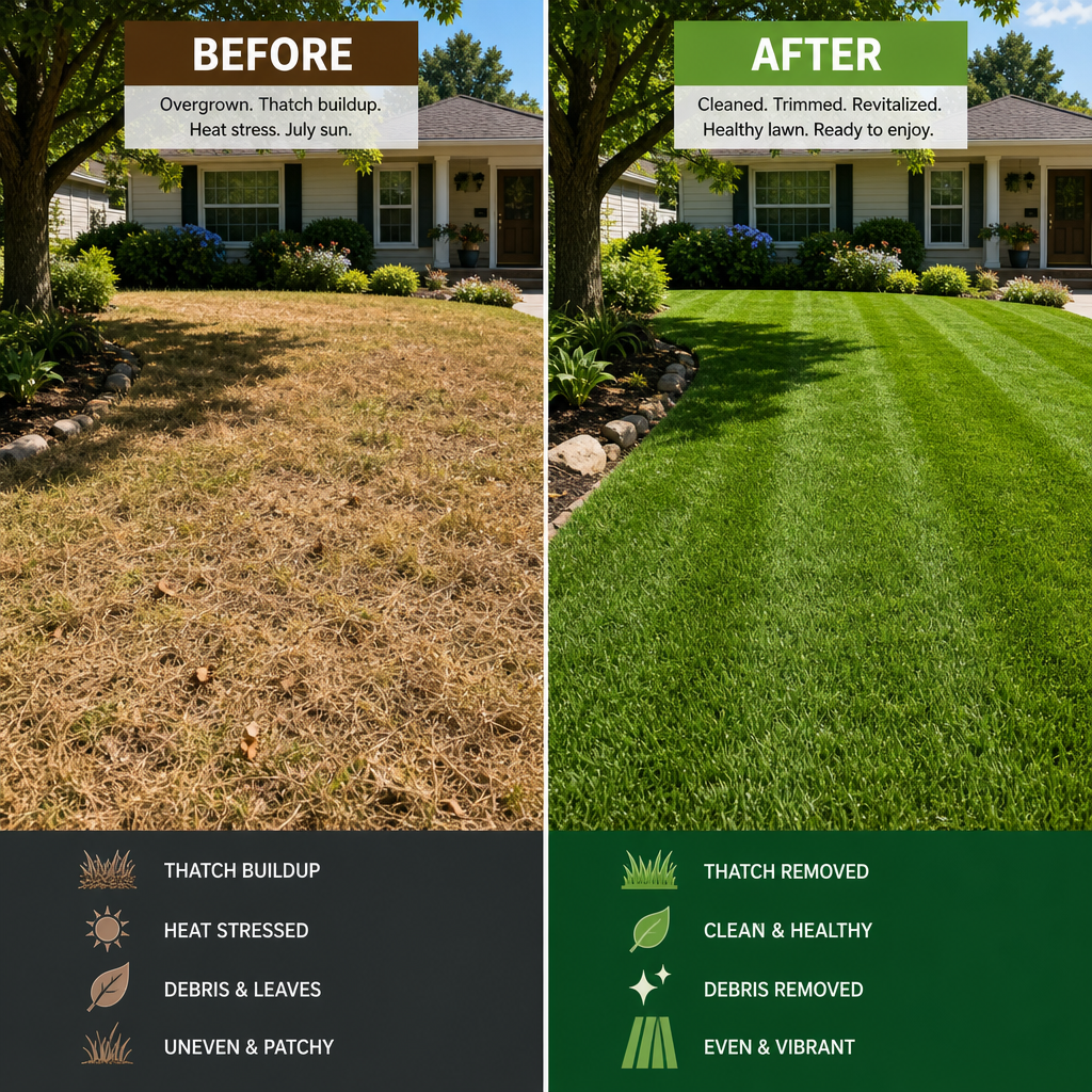 Before-and-after comparison of lawn transformation from summer damage to professional cleanup results