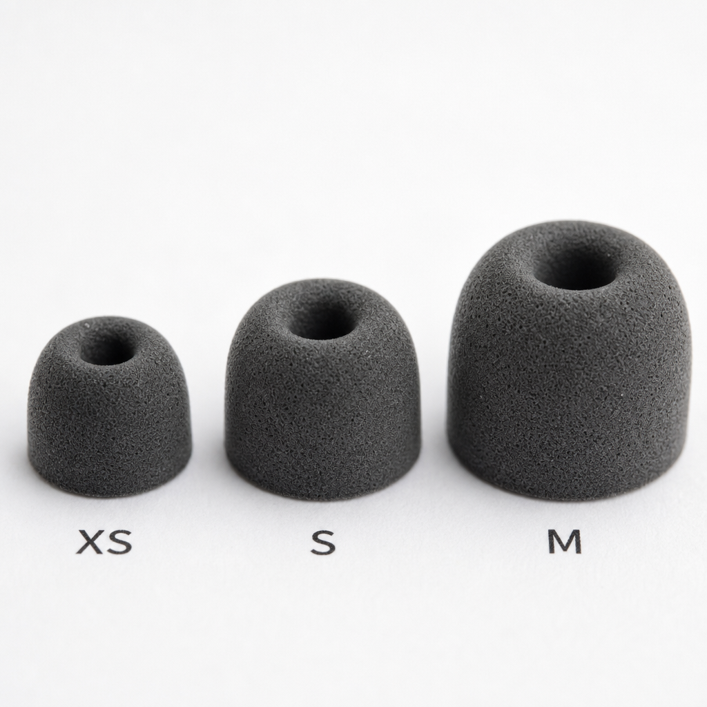 Three ear plug foam tips in different sizes (XS, S, M) displayed side by side for size comparison