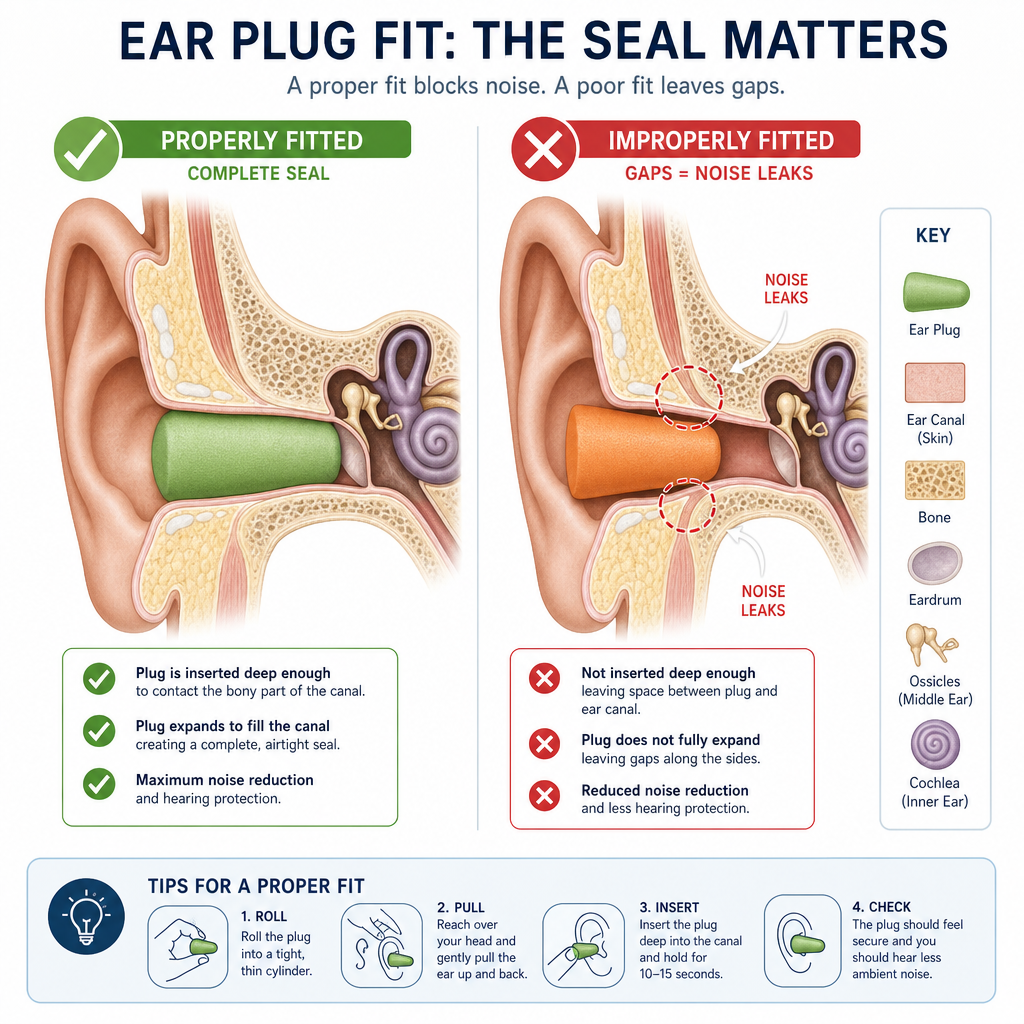 Diagram comparing proper ear plug fit with complete seal versus poor fit with gaps around ear canal