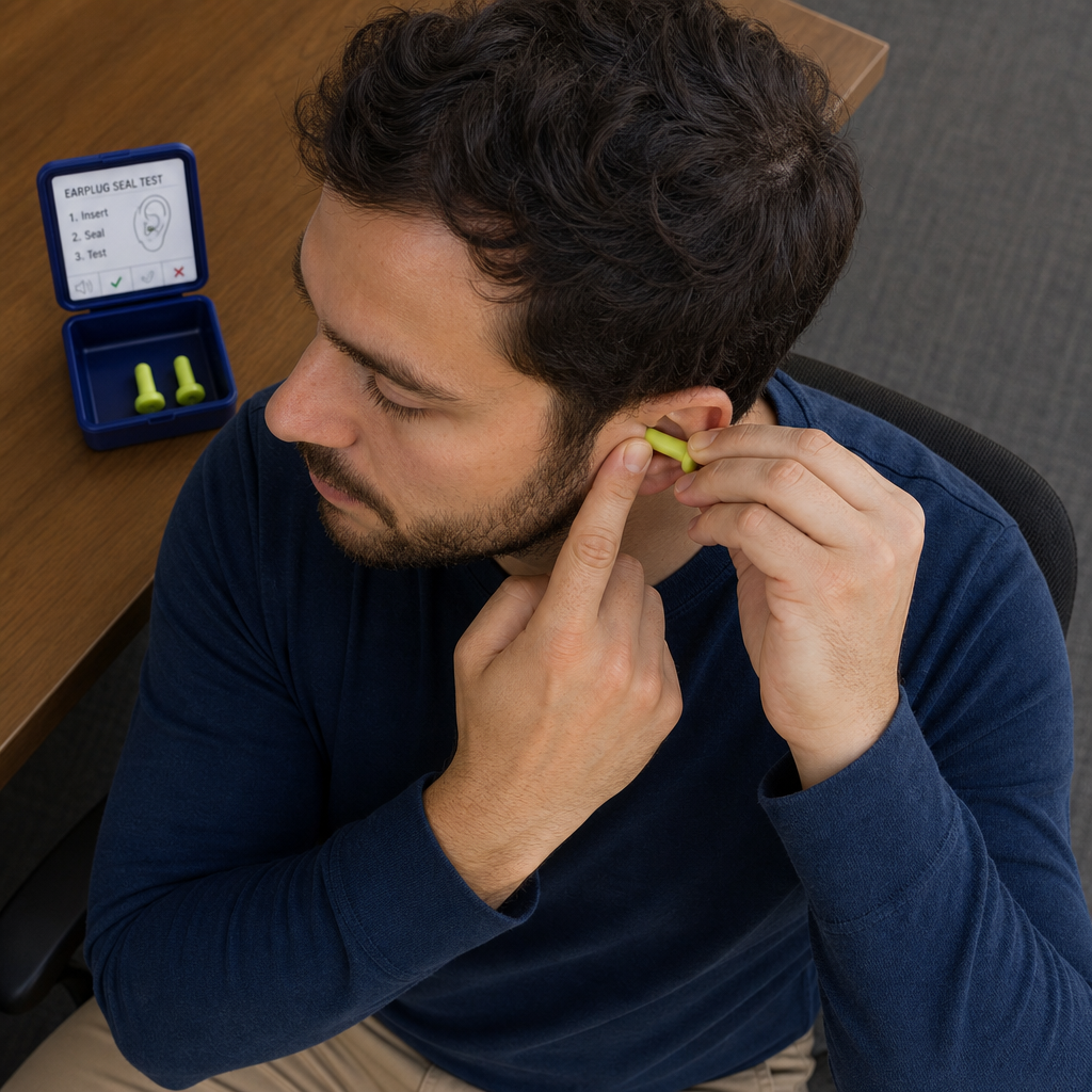 Person inserting an ear plug using correct fitting technique to test for proper seal