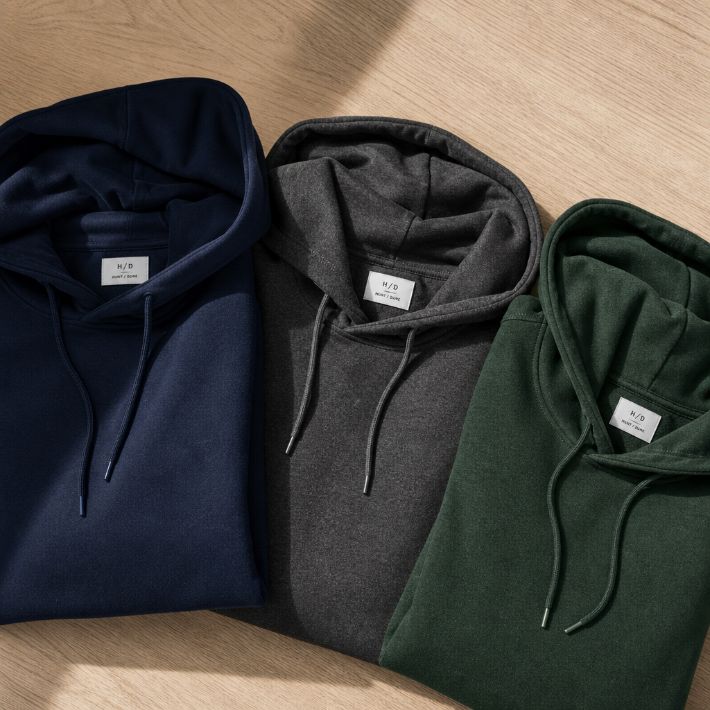 Three folded hoodies in different colors displayed on wooden surface showing fabric quality and texture