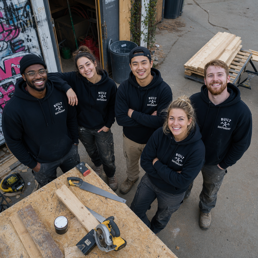 Five team members wearing matching custom printed hoodies on a job site outdoors