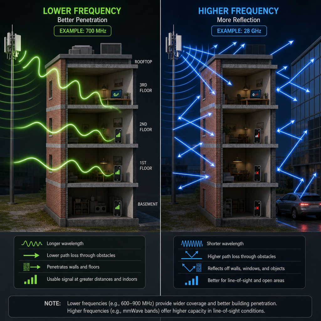 Comparison diagram of radio wave penetration through building materials at different frequencies