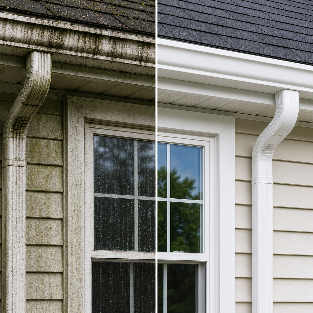Split-screen comparison of dirty versus clean home exterior surfaces highlighting professional cleaning results