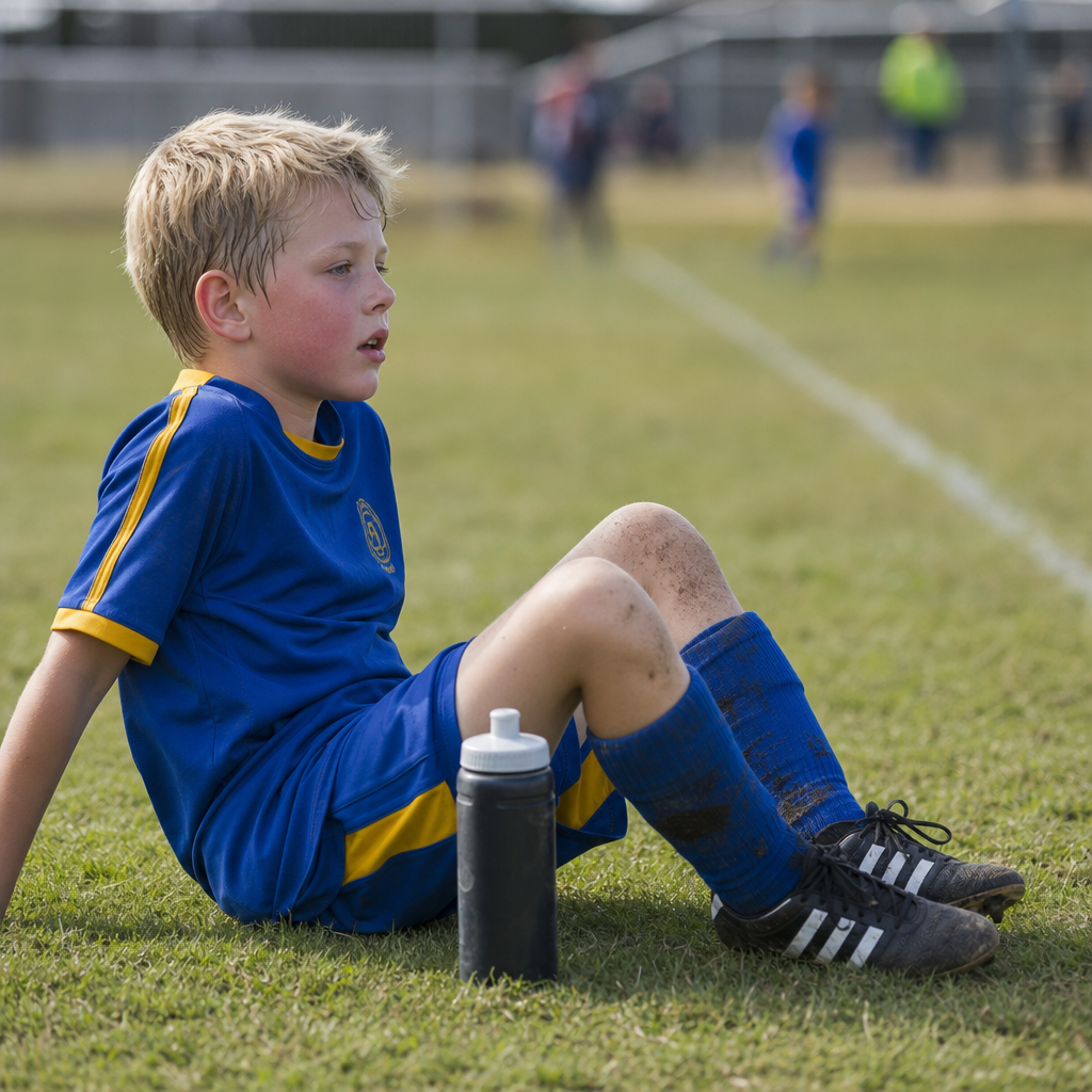 Child in sports clothes looking tired after football activity