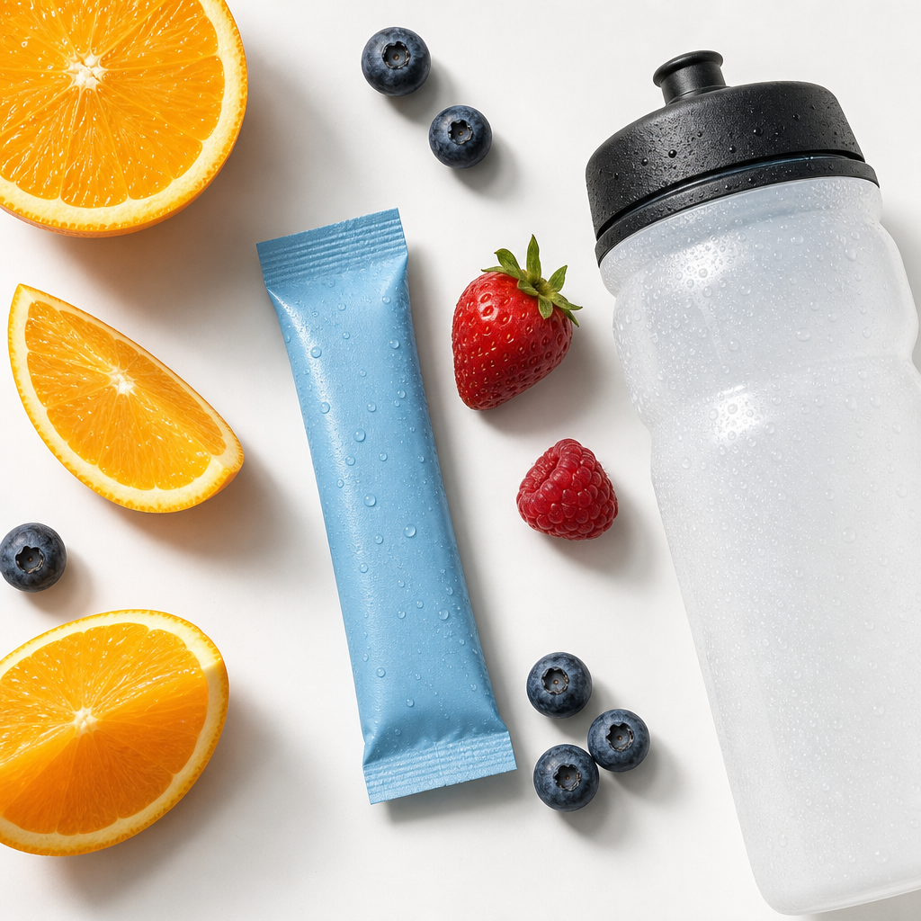Hydration supplement sachet with water bottle and fresh fruit