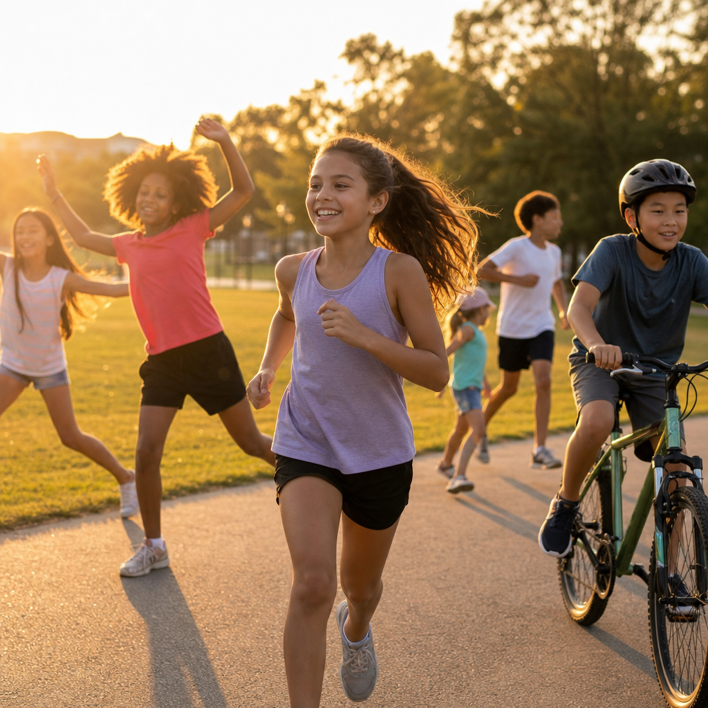 Children participating in different sports and outdoor activities in a park