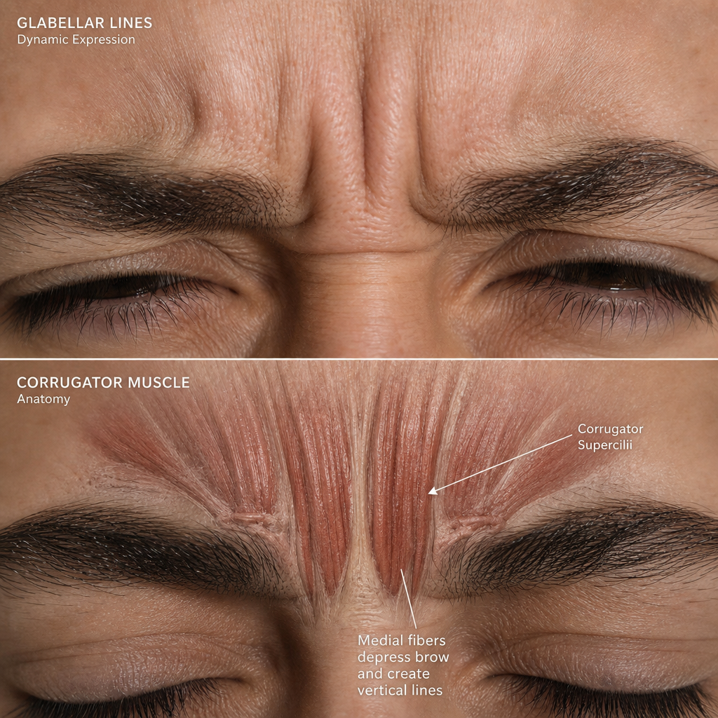 Clinical view of frown lines and glabellar muscle structure between brows