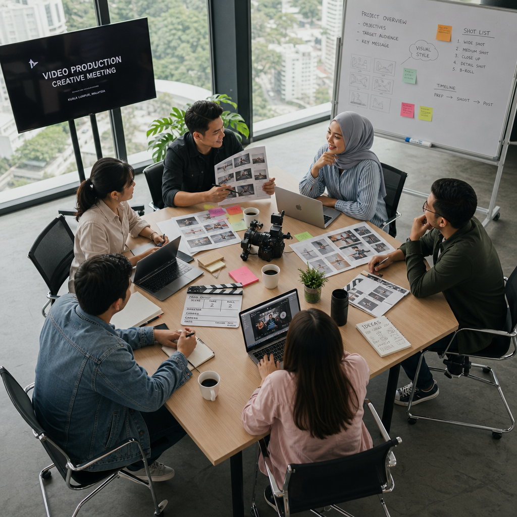 Malaysian business team planning video content strategy in a modern office setting