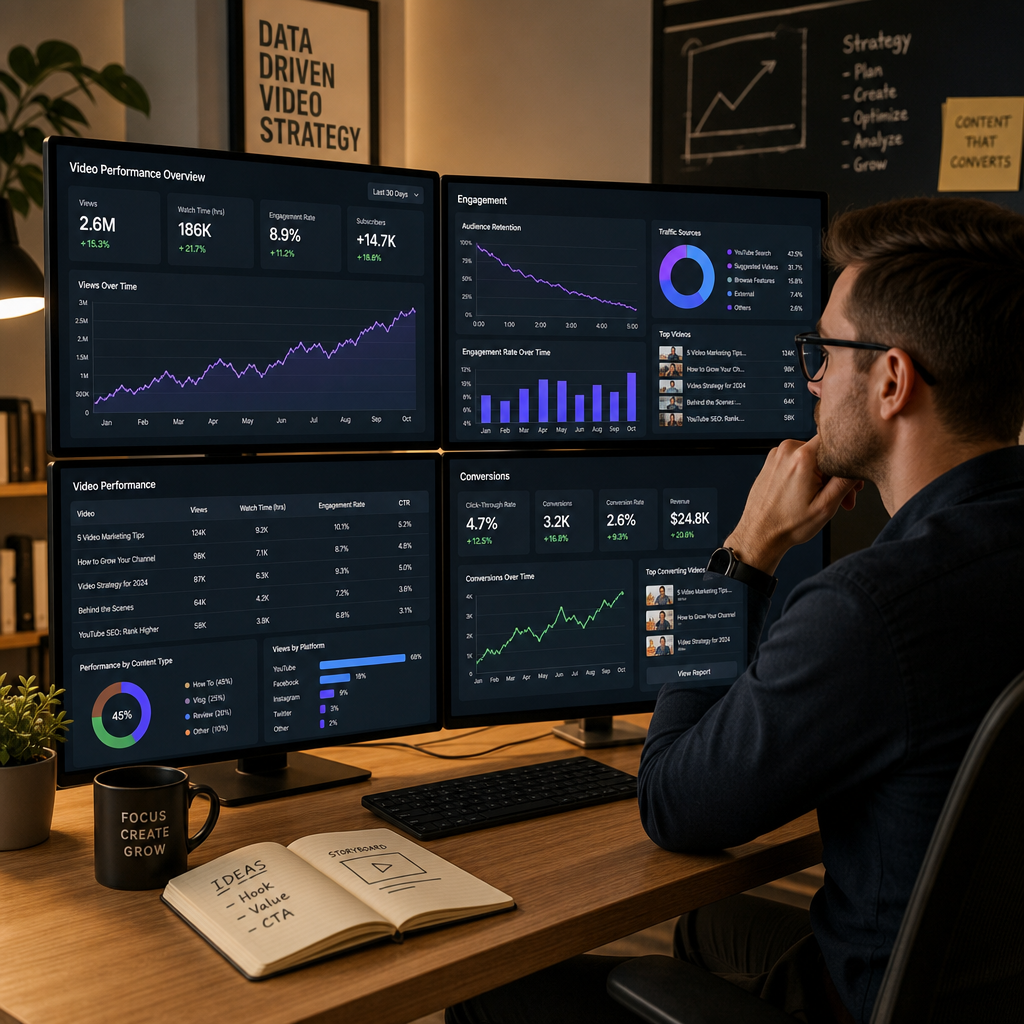 Video marketing performance analytics and conversion metrics displayed on computer screens