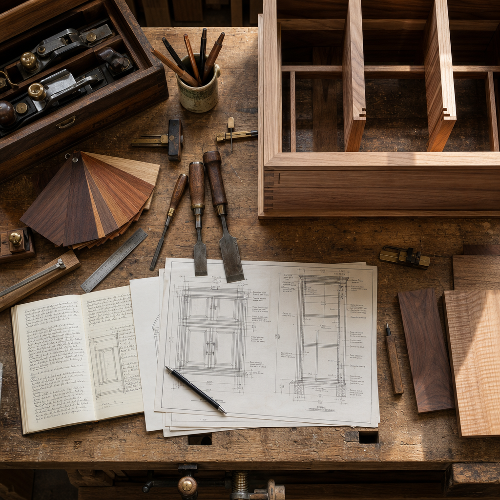 Craftsman's joinery workbench with tools, wood samples, and technical drawings in natural light