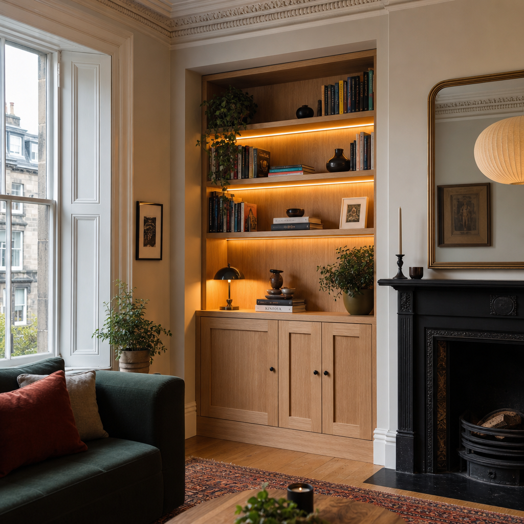 Custom-fitted wooden shelving and cabinetry integrated into Edinburgh period apartment alcove