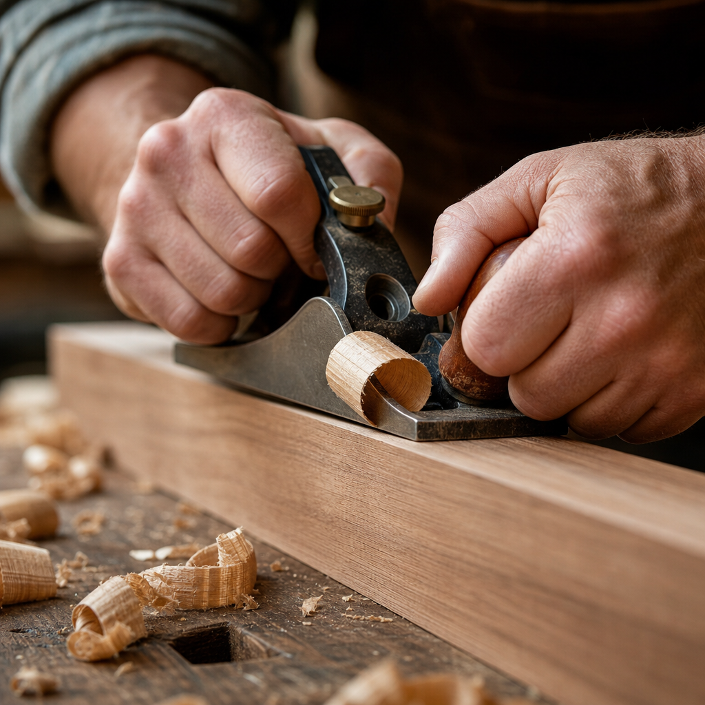 Craftsperson's hands demonstrating precision hand-planing technique on wooden surface with wood shavings