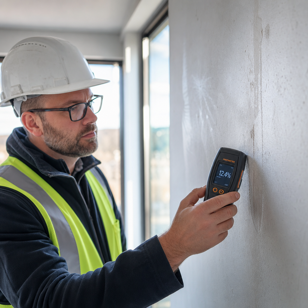 Building inspector using moisture meter to check for defects on interior wall of new home
