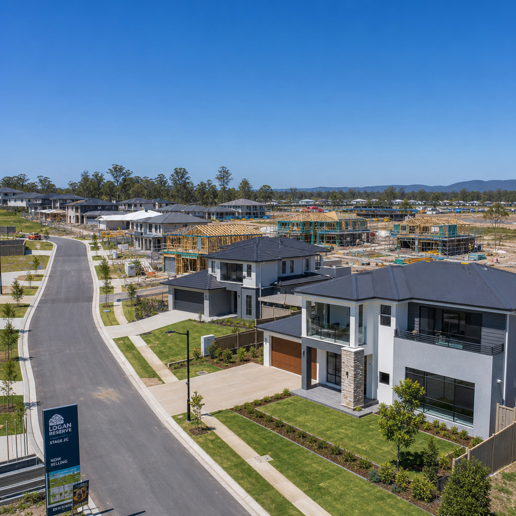 New residential suburb showing multiple newly constructed homes in modern architectural style
