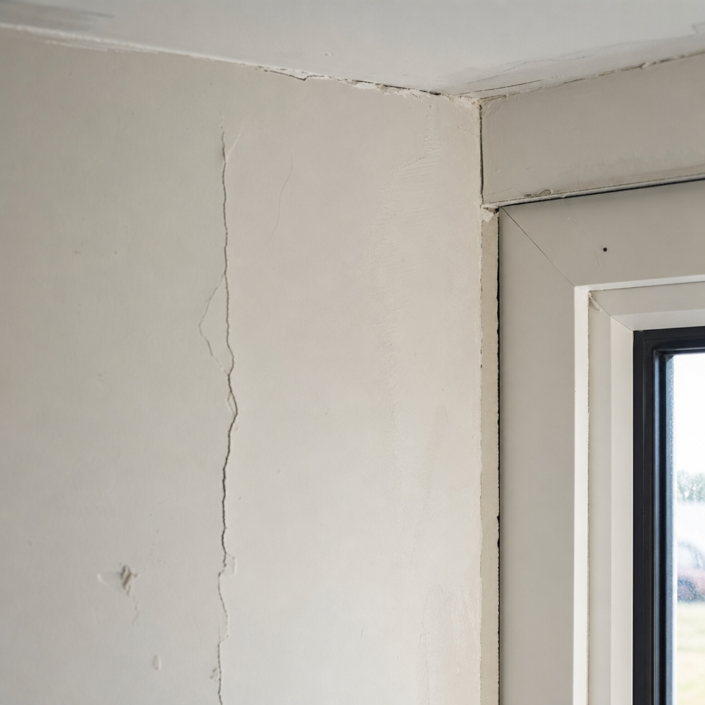 Detail of common construction defects visible on interior walls and corners of new home