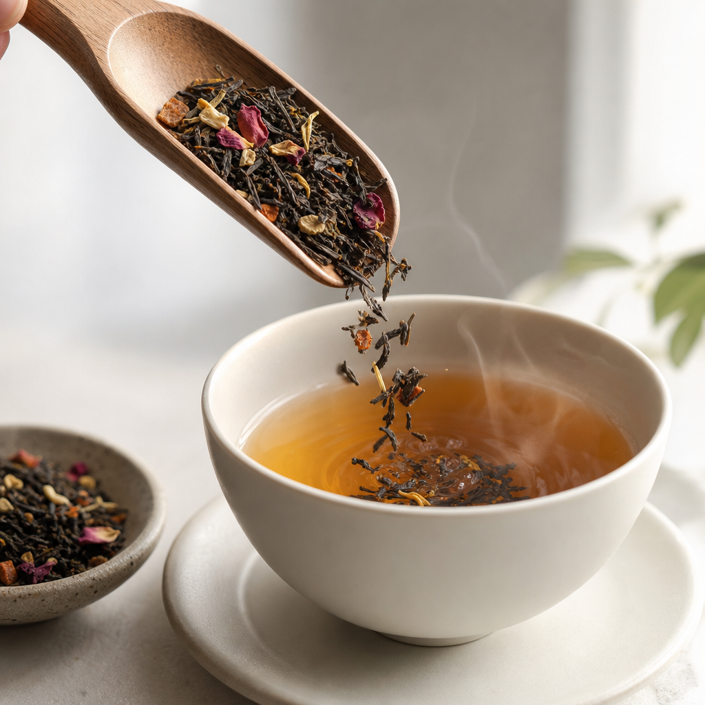 Loose leaf tea being poured into a white cup with steam rising
