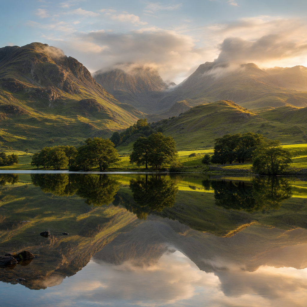 Lake District landscape with mountains, green hills, and water reflection
