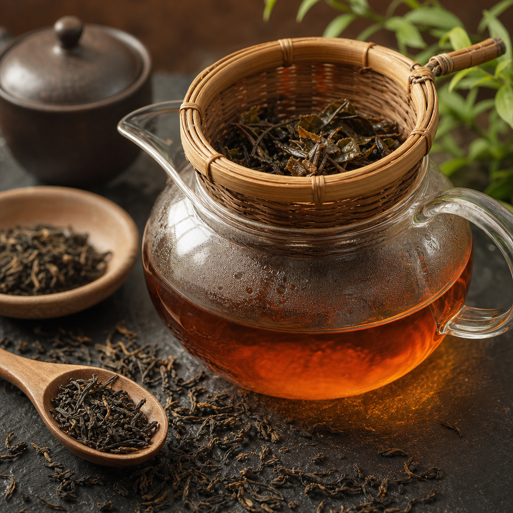 Tea infuser basket with loose leaf tea in a glass teapot