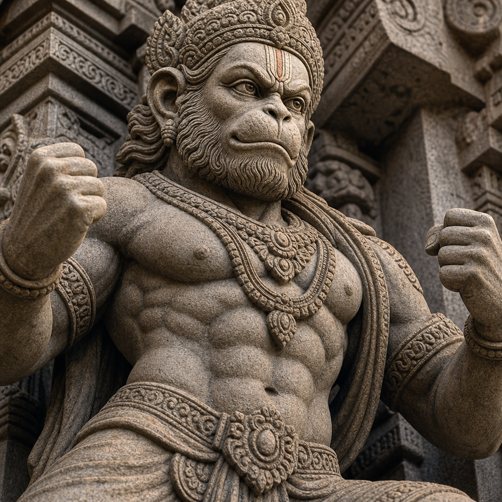Hanuman-Statue aus Stein in Kriegerpose mit detaillierter Muskulatur und wildem Ausdruck